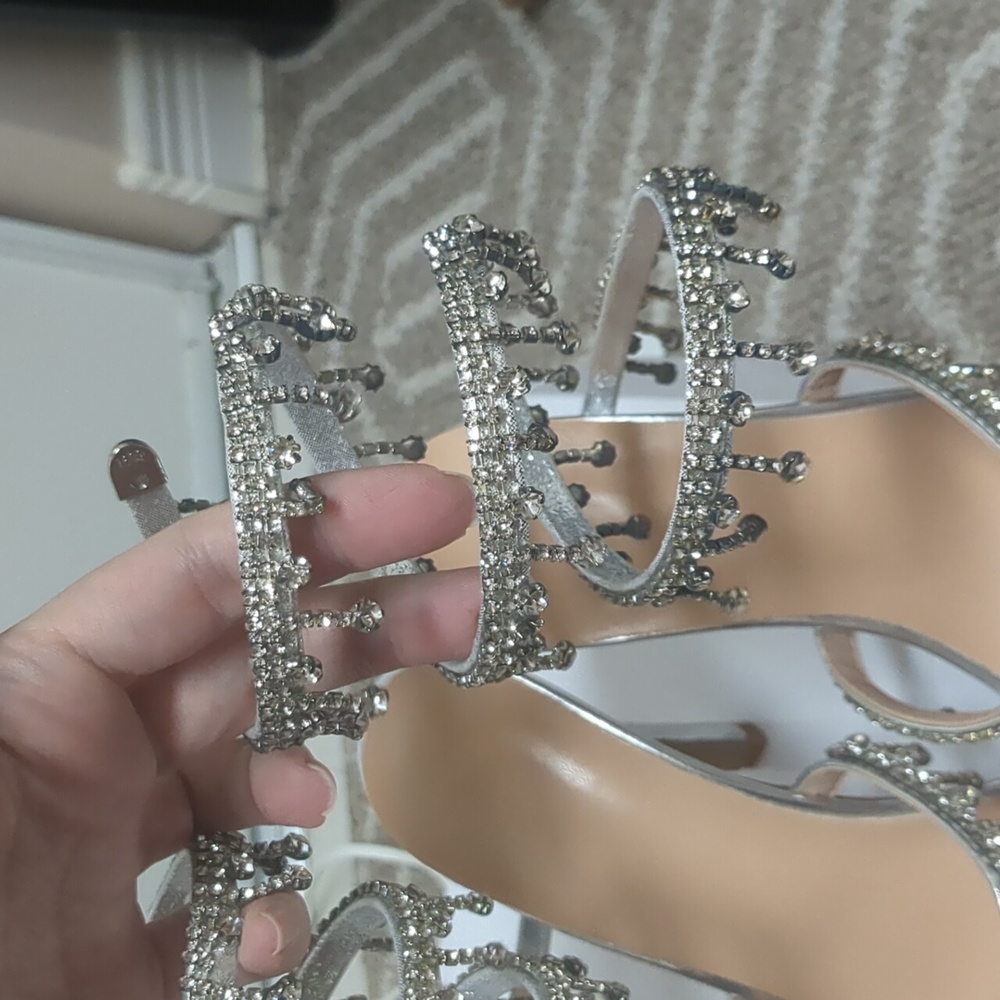 Silver Rhinestone Snake Wrap Peep Toe Stiletto Heels - Picture 3 of 9